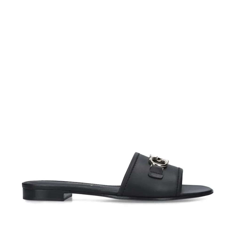 Salvatore Ferragamo Rhodes Black & Silver-Tone Slide Sandals, Size 10.5, New
